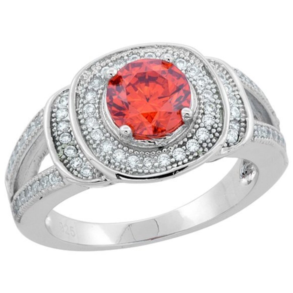 Sterling Silver Round Red Orange Sapphire Ring CZ Accents Rhodium Finish